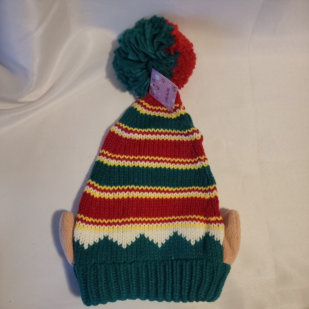 Knitted Elf Festive Holiday Hat with Ears PomPom Stretch sz S